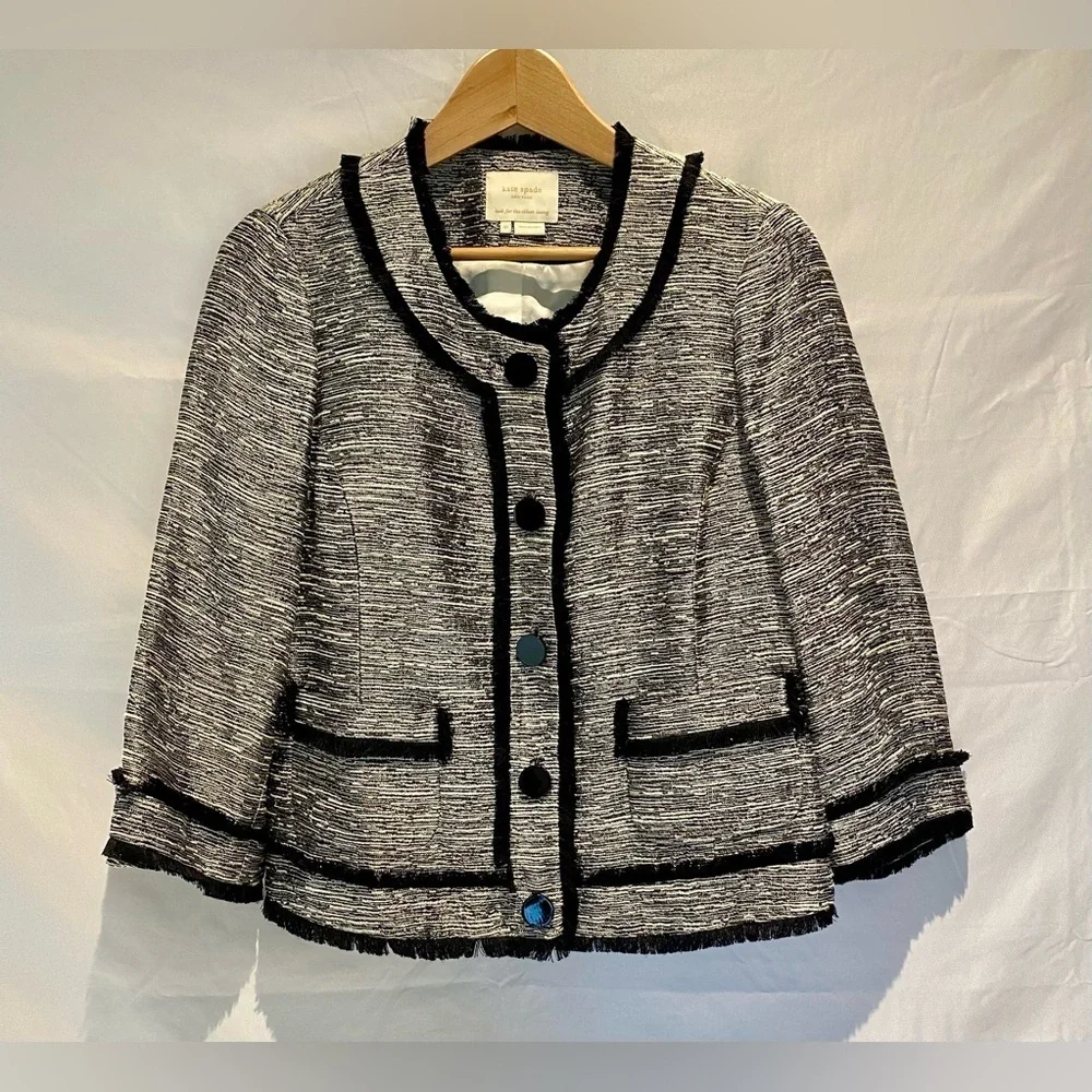 Kate Spade New York Carine Fringe-Trim Tweed Jacket, Size 10